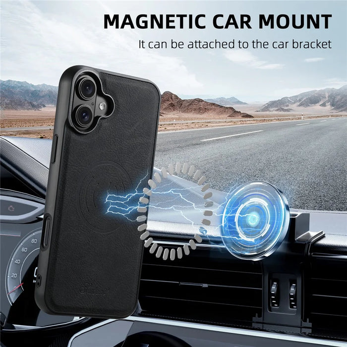SUTENI H19 For iPhone 16 Magnetic Case Card Holder Kickstand Litchi Texture Leather Back Cover - Black - 6