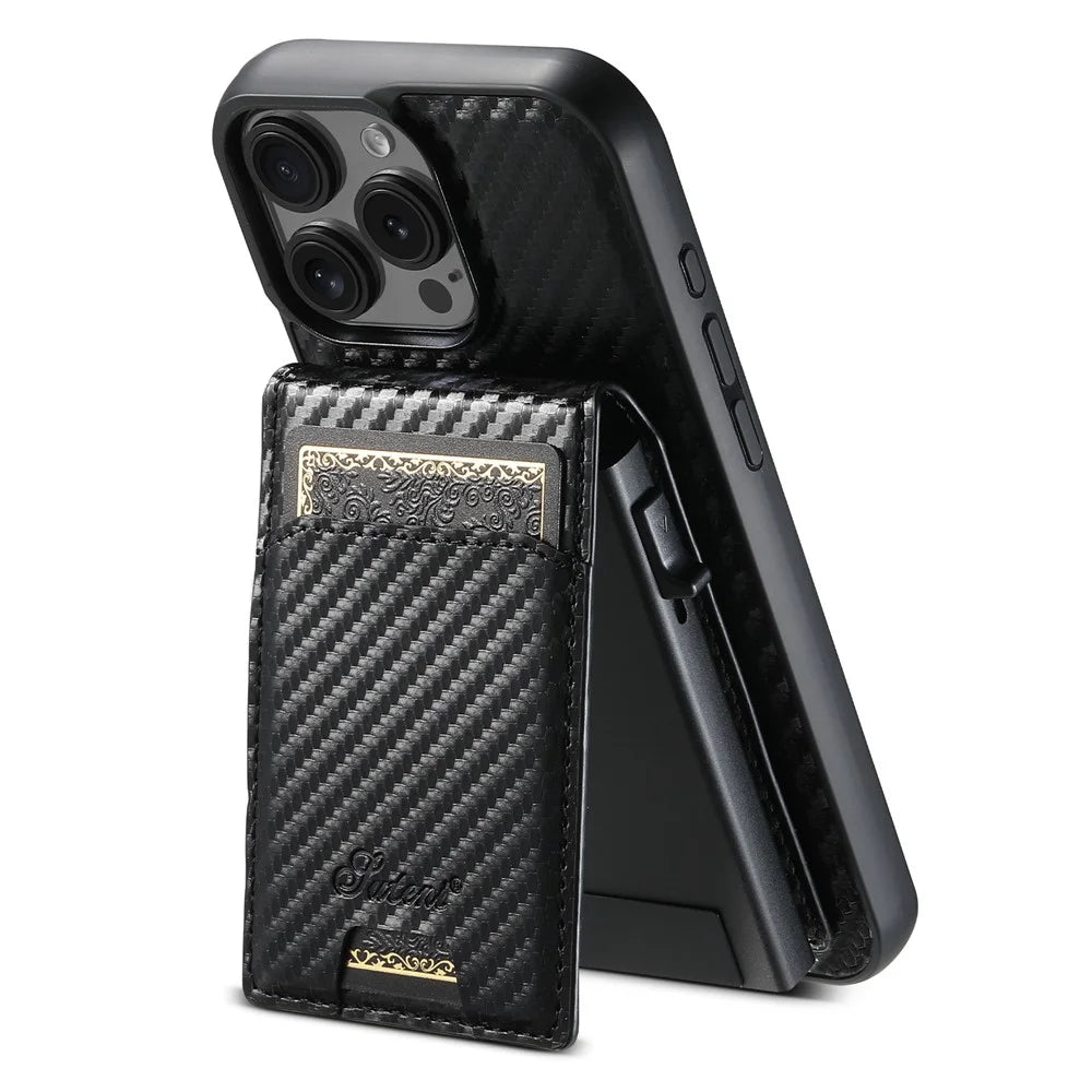 SUTENI H19 For iPhone 16 Pro Max Magnetic Case Carbon Fiber Texture Leather Back Cover with Card Bag - 1
