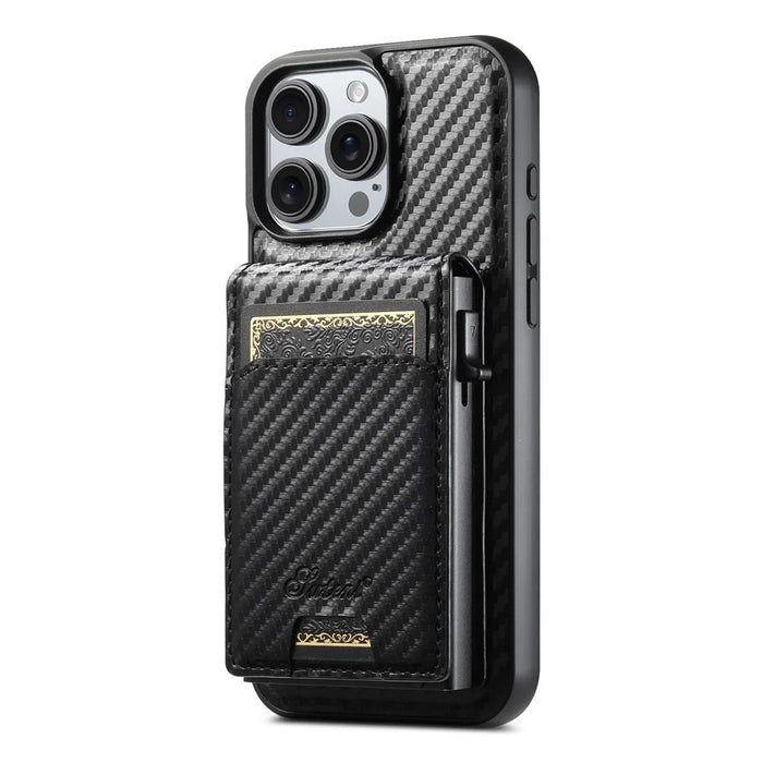 SUTENI H19 For iPhone 16 Pro Max Magnetic Case Carbon Fiber Texture Leather Back Cover with Card Bag - 2