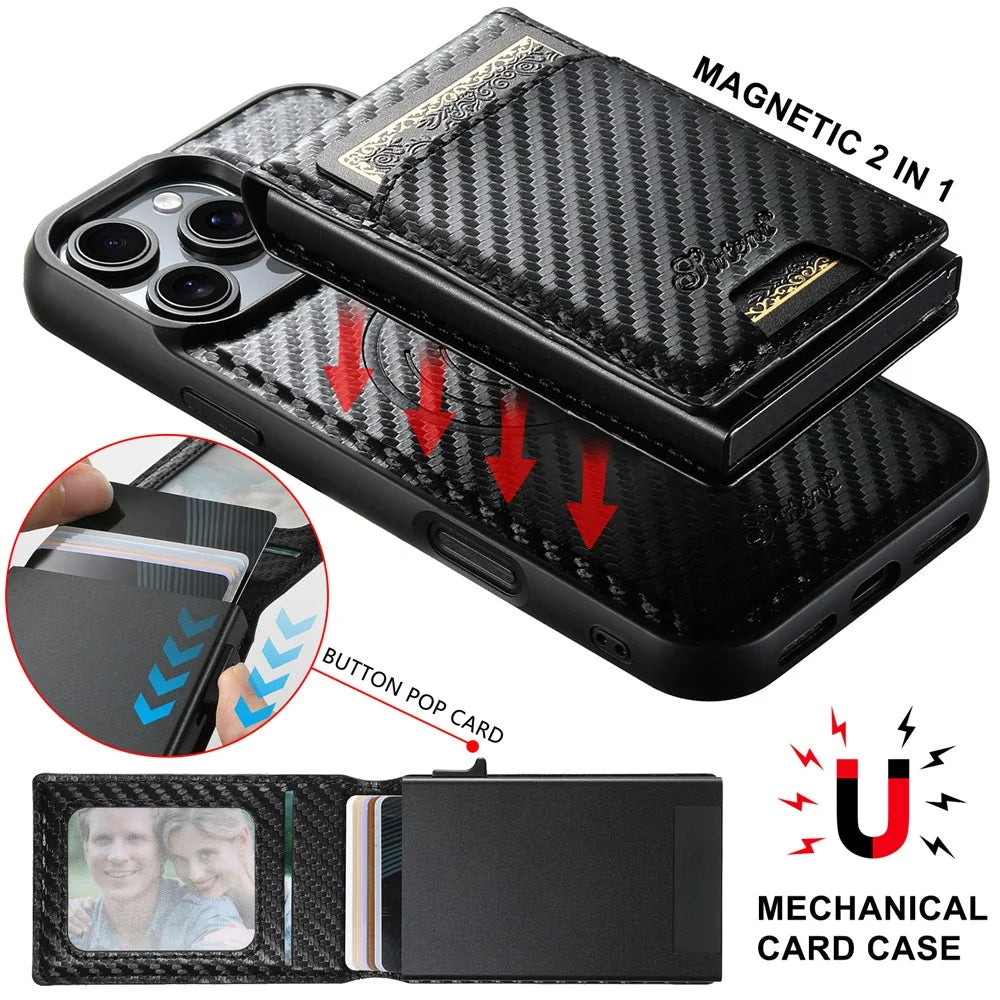 SUTENI H19 For iPhone 16 Pro Max Magnetic Case Carbon Fiber Texture Leather Back Cover with Card Bag - 7