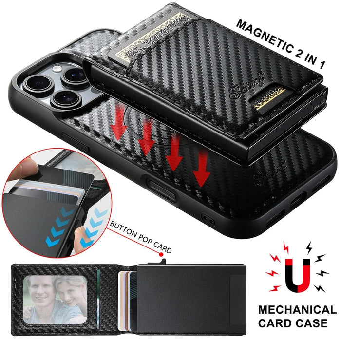 SUTENI H19 For iPhone 16 Pro Max Magnetic Case Carbon Fiber Texture Leather Back Cover with Card Bag - 7