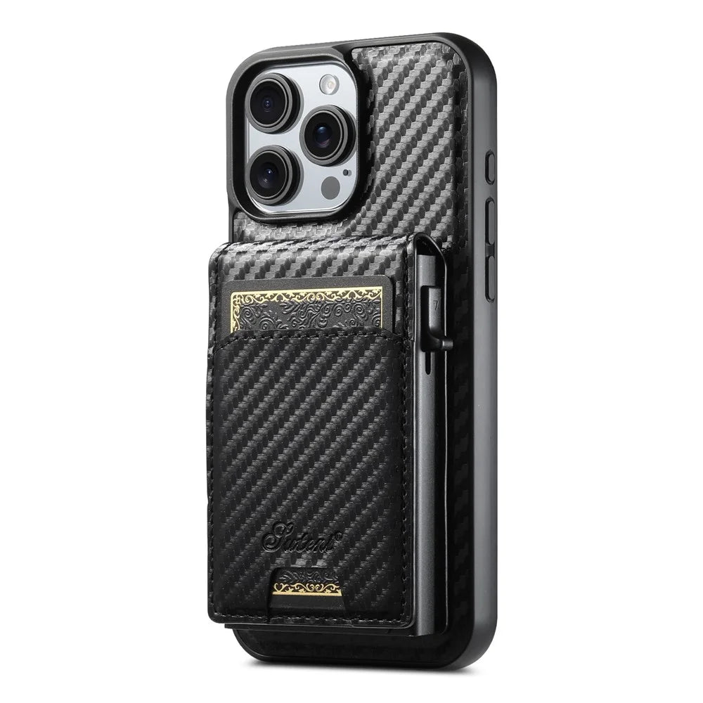 SUTENI H19 For iPhone 16 Pro Magnetic Case Carbon Fiber Texture Leather Back Cover with Card Bag - 2