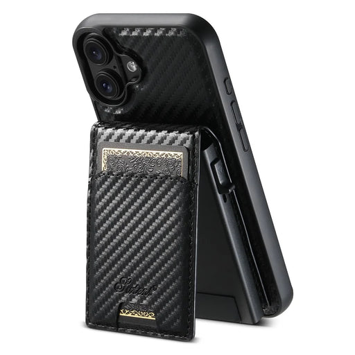 SUTENI H19 For iPhone 16 Plus Magnetic Case Carbon Fiber Texture Leather Back Cover with Card Bag - 1