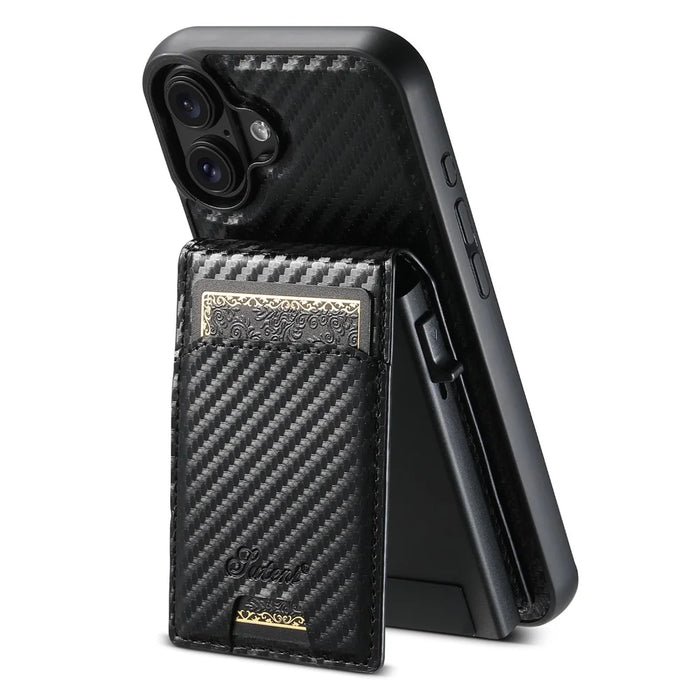 SUTENI H19 For iPhone 16 Plus Magnetic Case Carbon Fiber Texture Leather Back Cover with Card Bag - 1