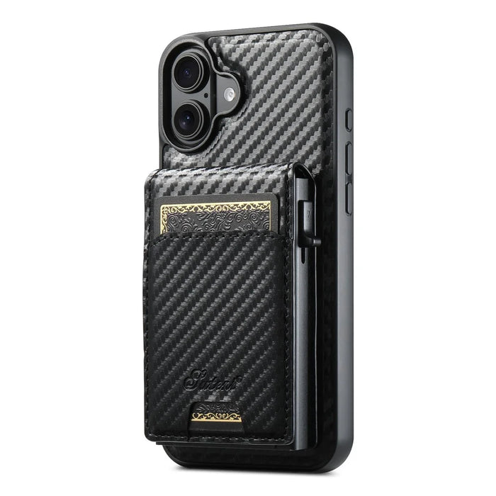 SUTENI H19 For iPhone 16 Plus Magnetic Case Carbon Fiber Texture Leather Back Cover with Card Bag - 2