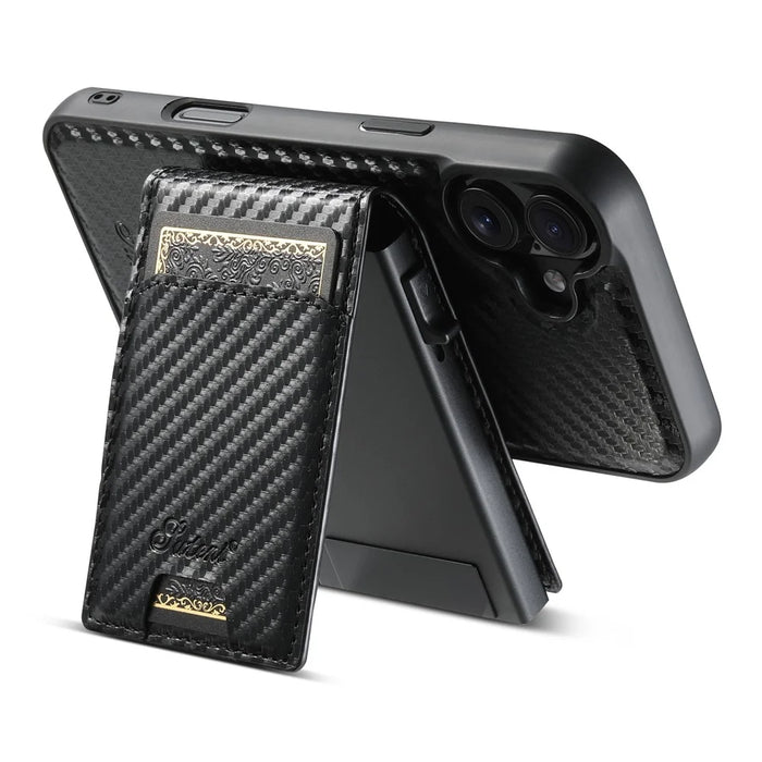 SUTENI H19 For iPhone 16 Plus Magnetic Case Carbon Fiber Texture Leather Back Cover with Card Bag - 4