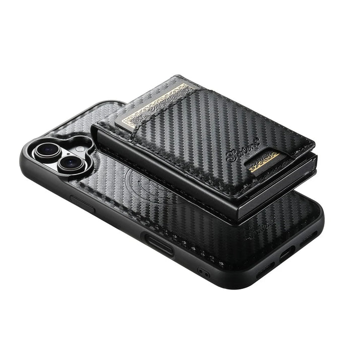 SUTENI H19 For iPhone 16 Plus Magnetic Case Carbon Fiber Texture Leather Back Cover with Card Bag - 5