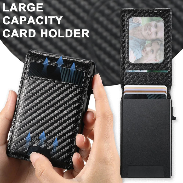 SUTENI H19 For iPhone 16 Plus Magnetic Case Carbon Fiber Texture Leather Back Cover with Card Bag - 7