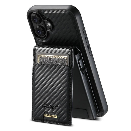 SUTENI H19 For iPhone 16 Magnetic Case Carbon Fiber Texture Leather Back Cover with Card Bag - 1