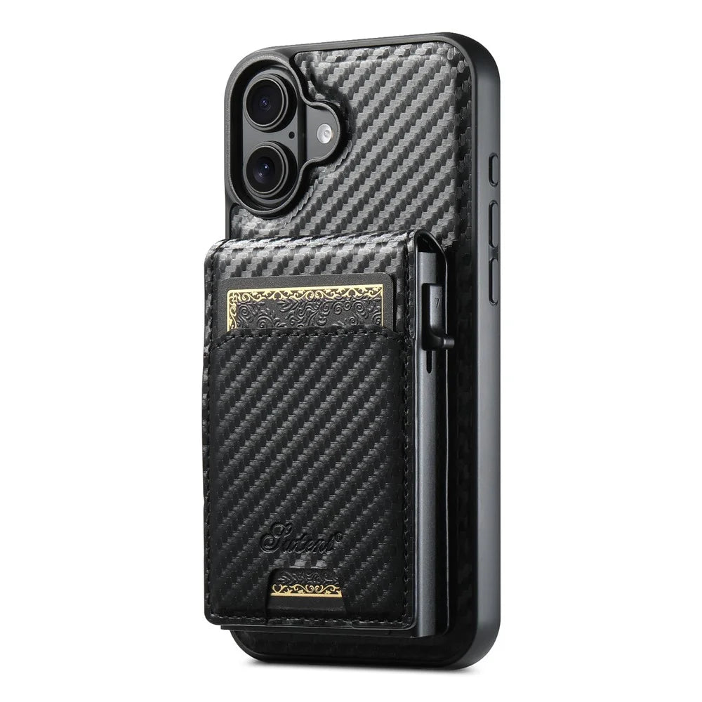 SUTENI H19 For iPhone 16 Magnetic Case Carbon Fiber Texture Leather Back Cover with Card Bag - 2