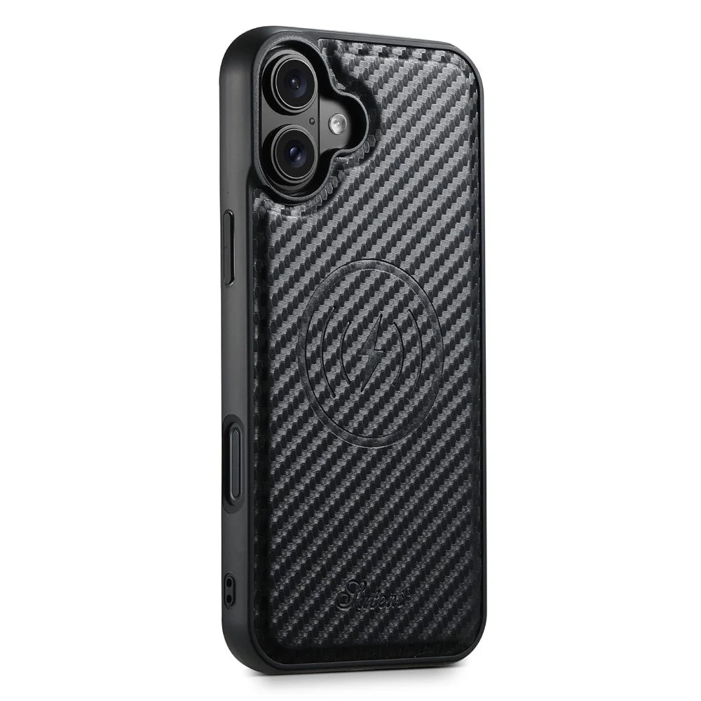 SUTENI H19 For iPhone 16 Magnetic Case Carbon Fiber Texture Leather Back Cover with Card Bag - 3