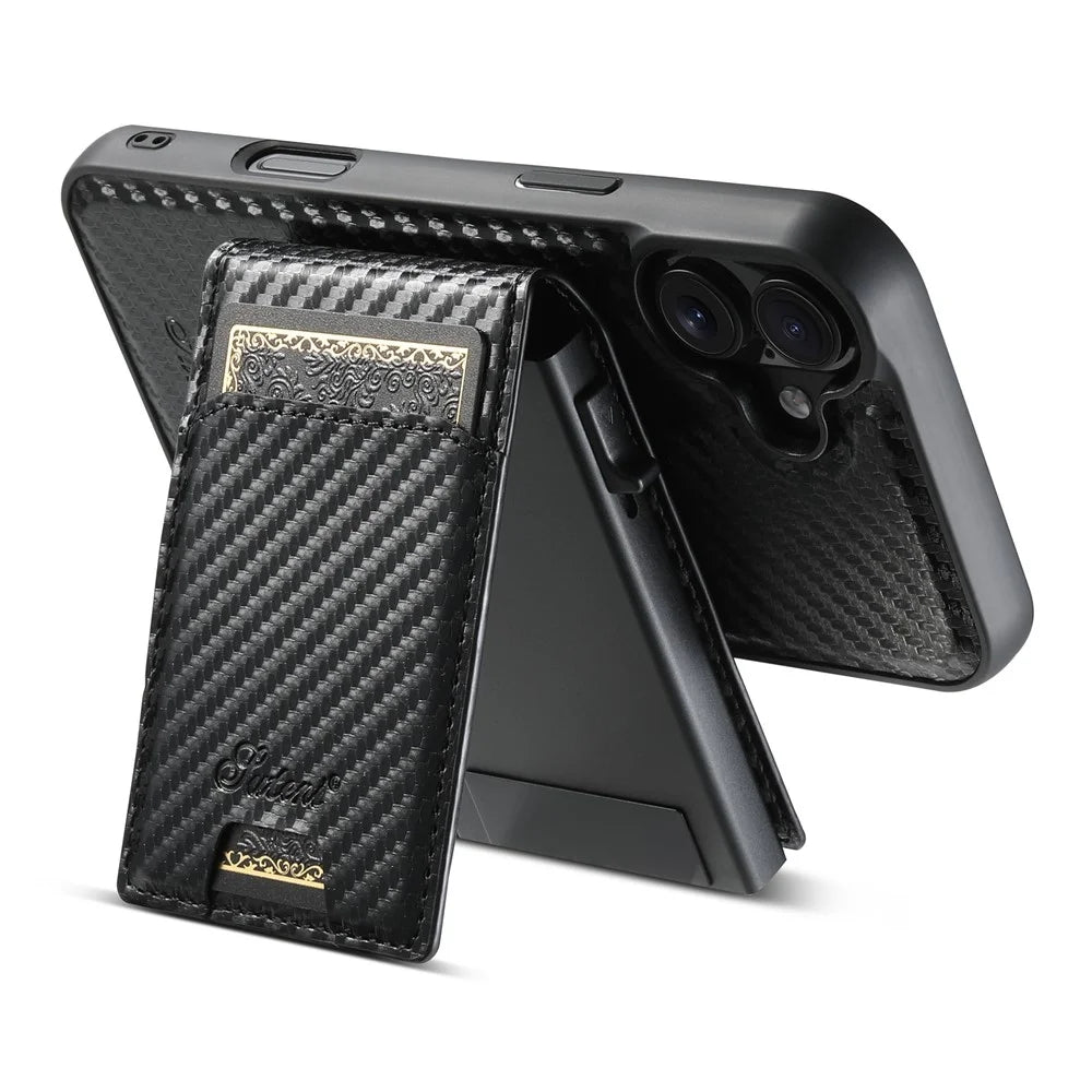 SUTENI H19 For iPhone 16 Magnetic Case Carbon Fiber Texture Leather Back Cover with Card Bag - 4