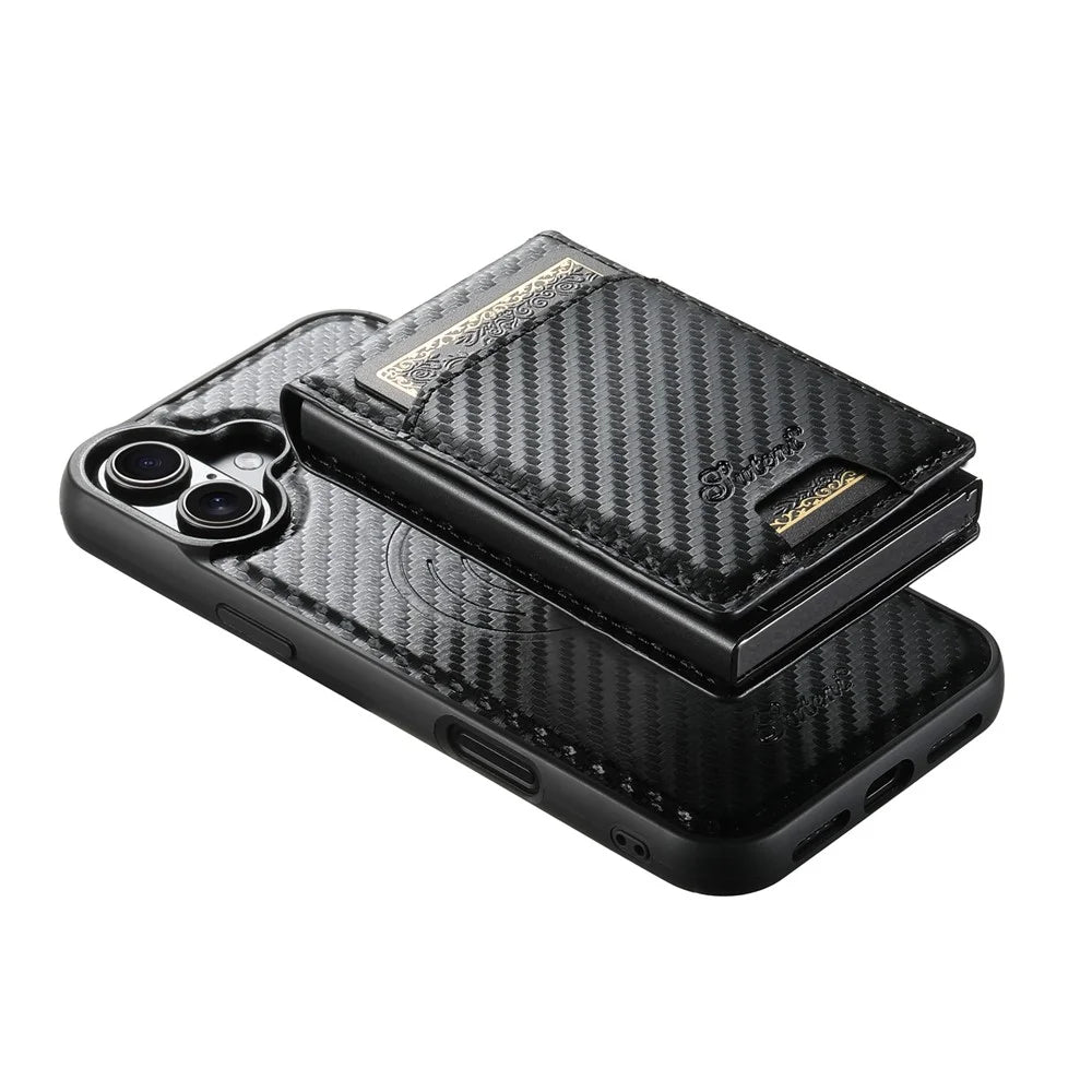 SUTENI H19 For iPhone 16 Magnetic Case Carbon Fiber Texture Leather Back Cover with Card Bag - 5