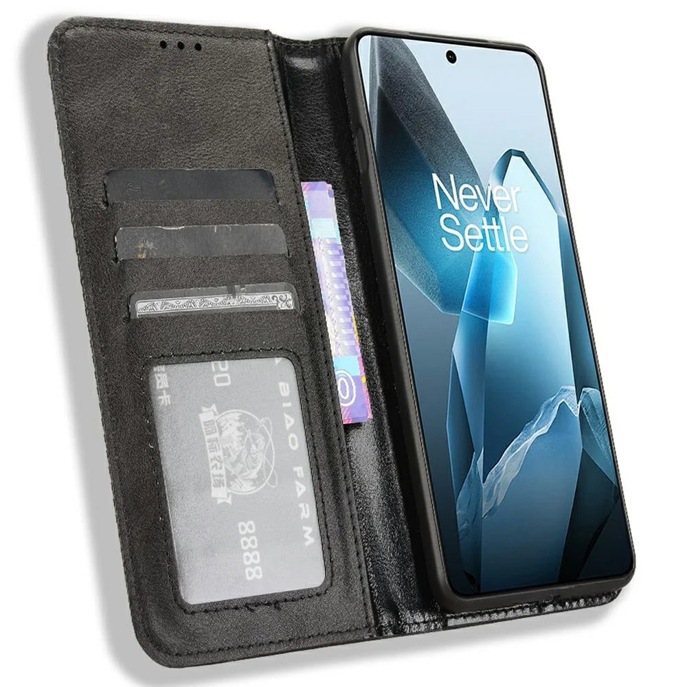 For OnePlus 13 Leather Case Wallet Stand Retro Texture Phone Cover - Black - 2