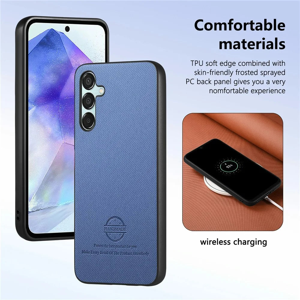 For Samsung Galaxy A15 4G / 5G Case Cloth Texture Leather+PC+TPU Anti-Drop Phone Cover - Blue - 4