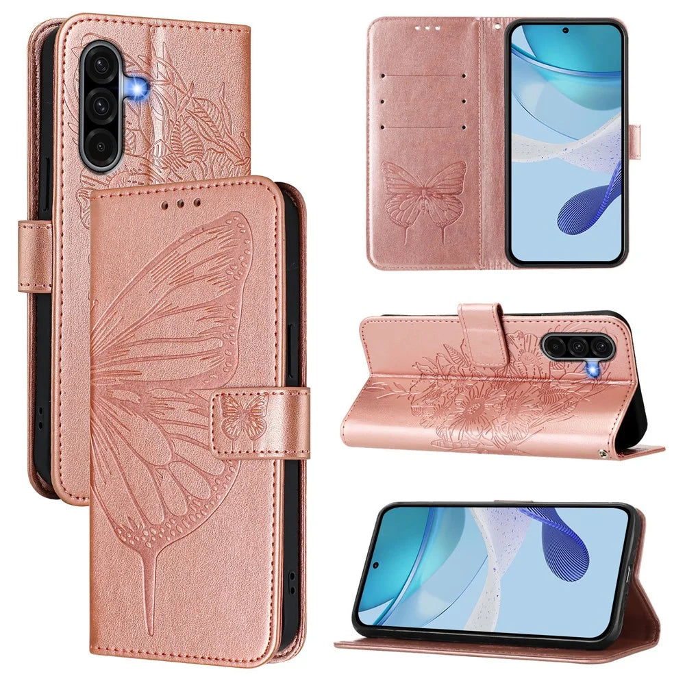 For Samsung Galaxy A37 5G / A56 5G / A36 5G Wallet Case with Wrist Strap Butterfly Imprint Leather Phone Cover - Rose Gold - 1