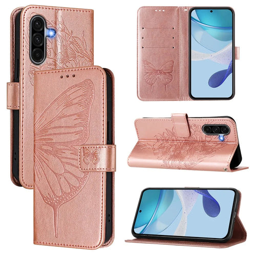 For Samsung Galaxy A37 5G / A56 5G / A36 5G Wallet Case with Wrist Strap Butterfly Imprint Leather Phone Cover - Rose Gold - 1