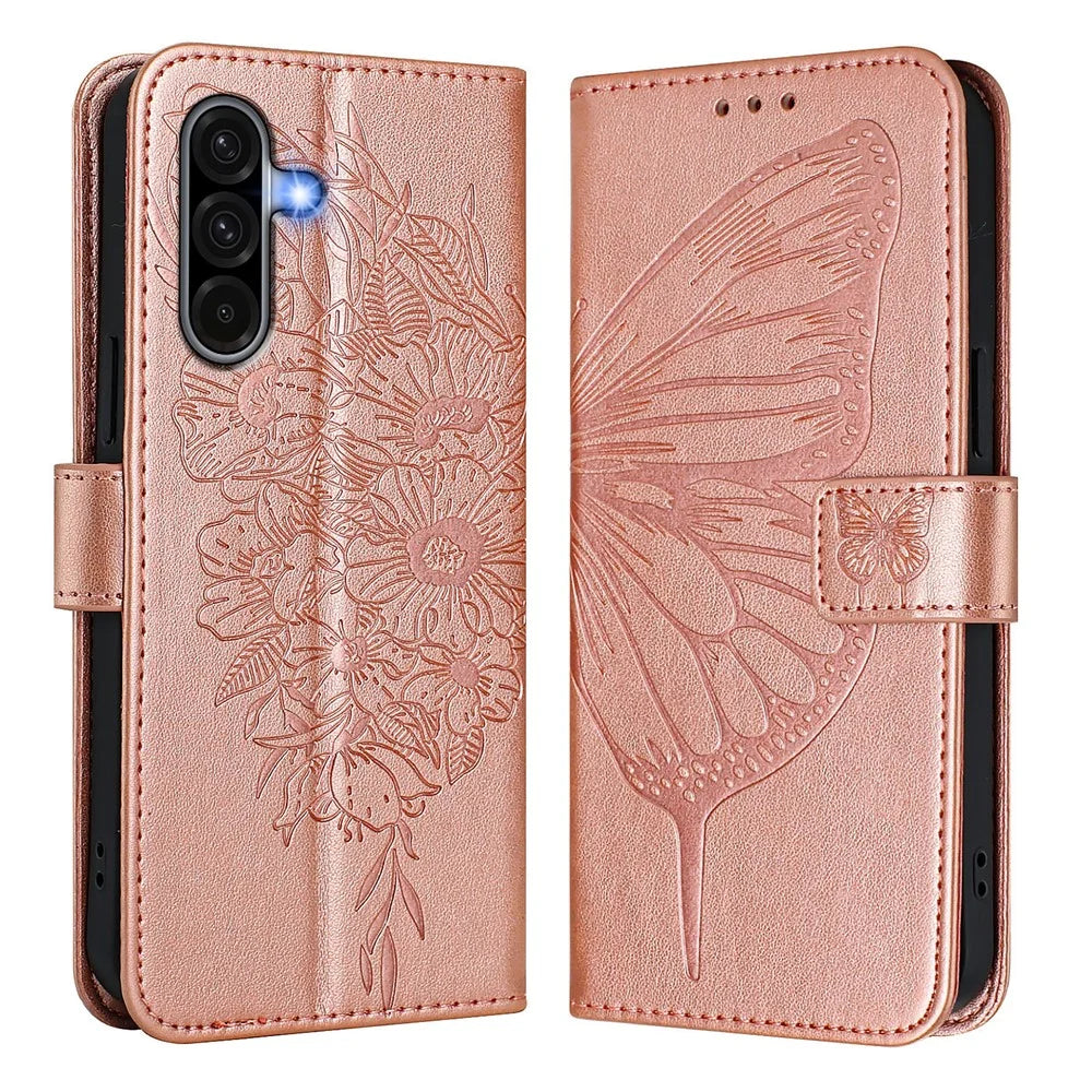 For Samsung Galaxy A37 5G / A56 5G / A36 5G Wallet Case with Wrist Strap Butterfly Imprint Leather Phone Cover - Rose Gold - 2