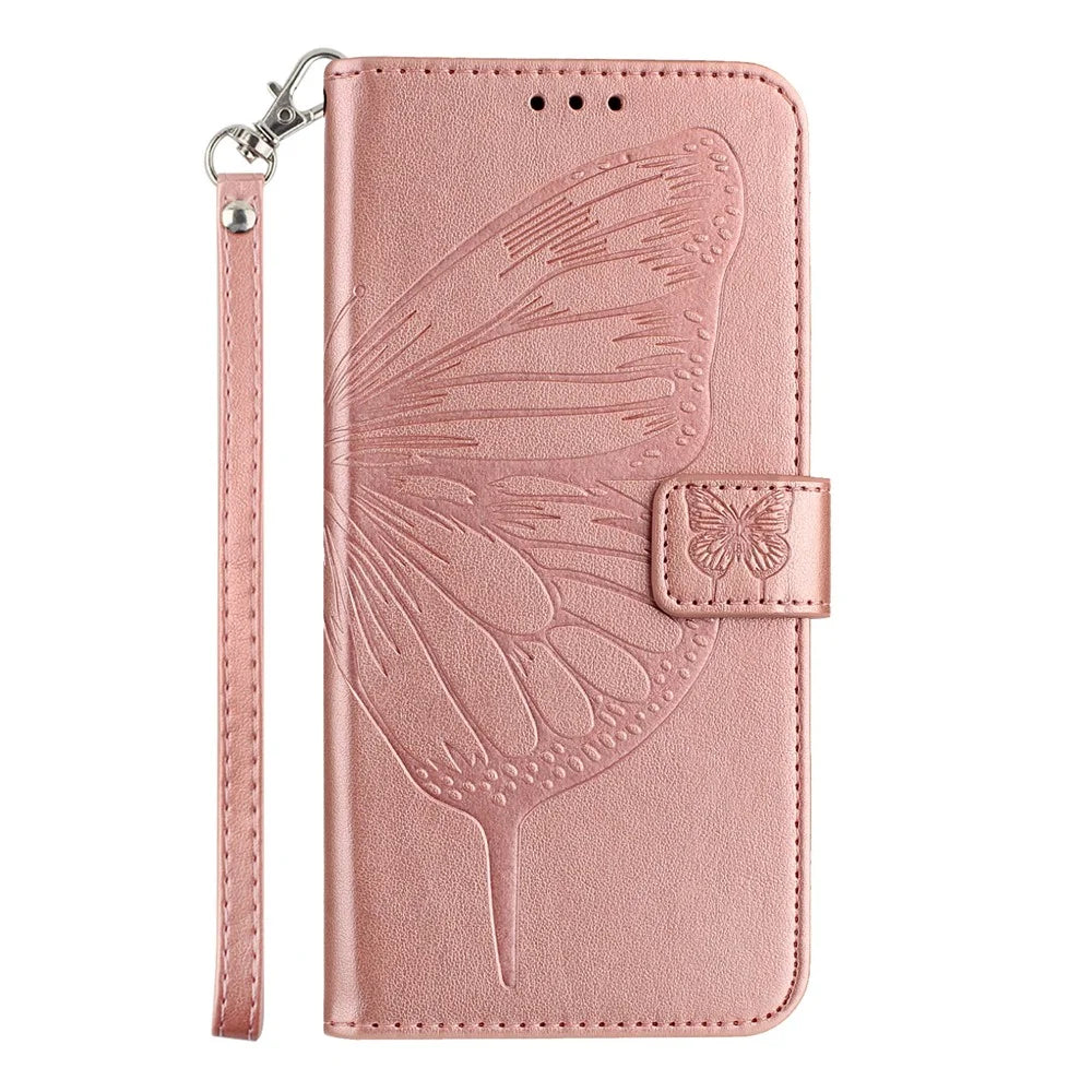 For Samsung Galaxy A37 5G / A56 5G / A36 5G Wallet Case with Wrist Strap Butterfly Imprint Leather Phone Cover - Rose Gold - 3