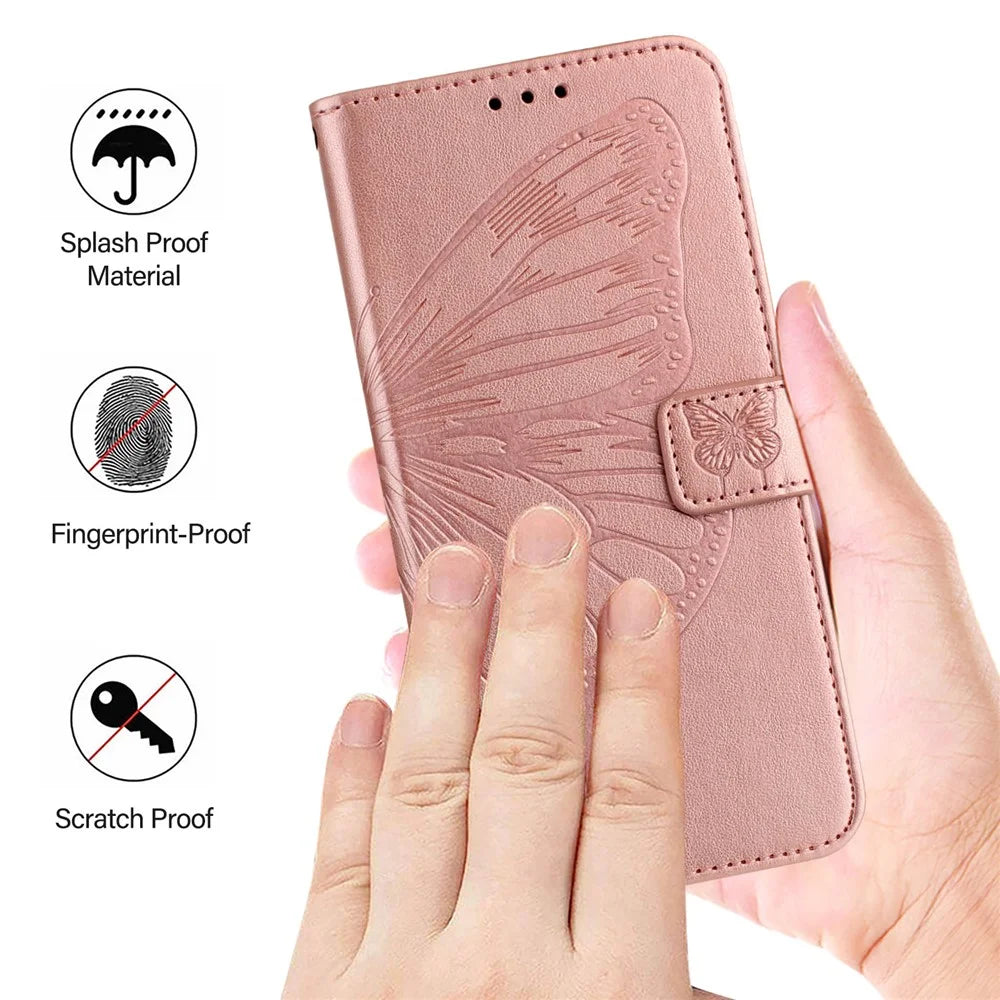 For Samsung Galaxy A37 5G / A56 5G / A36 5G Wallet Case with Wrist Strap Butterfly Imprint Leather Phone Cover - Rose Gold - 5