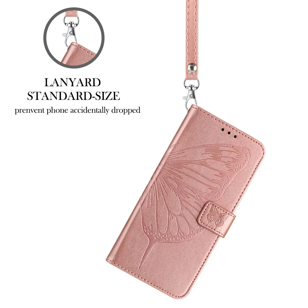 For Samsung Galaxy A37 5G / A56 5G / A36 5G Wallet Case with Wrist Strap Butterfly Imprint Leather Phone Cover - Rose Gold - 6