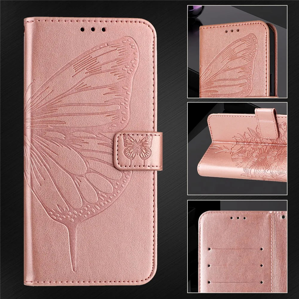 For Samsung Galaxy A37 5G / A56 5G / A36 5G Wallet Case with Wrist Strap Butterfly Imprint Leather Phone Cover - Rose Gold - 7