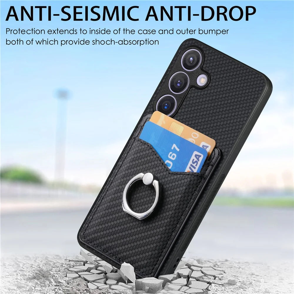 For Samsung Galaxy S25 Case Card Slots Ring Holder Kickstand Phone Cover - Black - 2