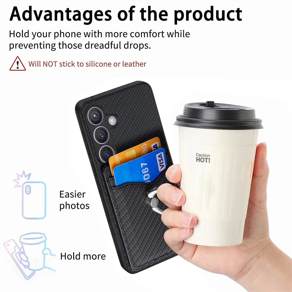 For Samsung Galaxy S25 Case Card Slots Ring Holder Kickstand Phone Cover - Black - 3