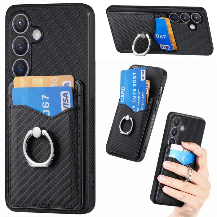 For Samsung Galaxy S25+ Case Card Slots Ring Holder Kickstand Phone Cover - Black - 1