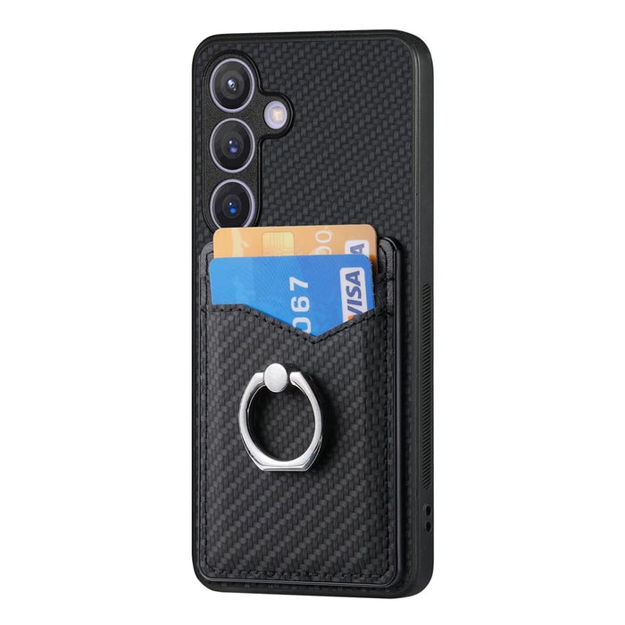 For Samsung Galaxy S25+ Case Card Slots Ring Holder Kickstand Phone Cover - Black - 4