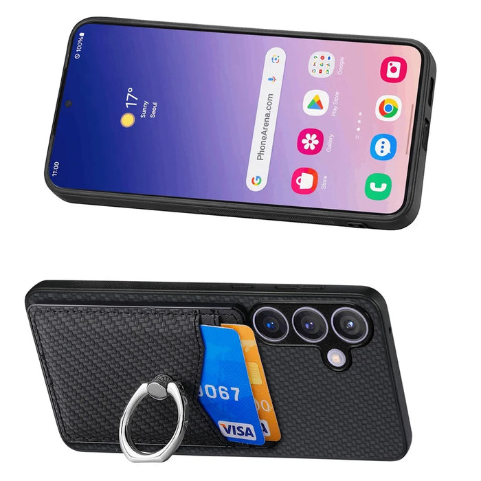 For Samsung Galaxy S25+ Case Card Slots Ring Holder Kickstand Phone Cover - Black - 6