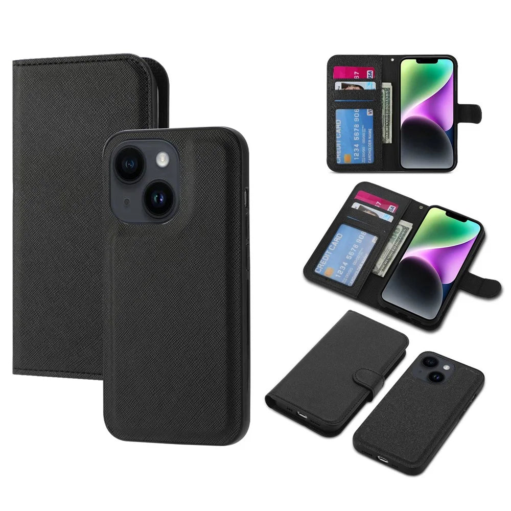 For iPhone 14 Cross Texture Wallet Stand Leather Protective Cover Detachable TPU Back Case - Black - 1
