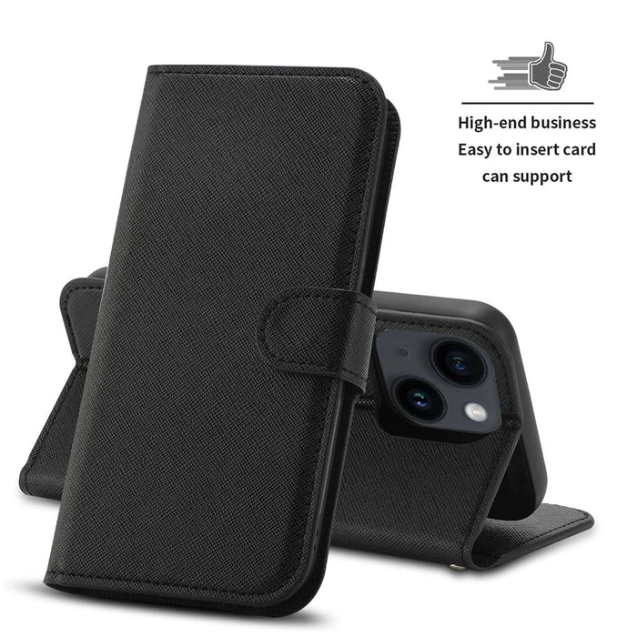 For iPhone 14 Cross Texture Wallet Stand Leather Protective Cover Detachable TPU Back Case - Black - 3