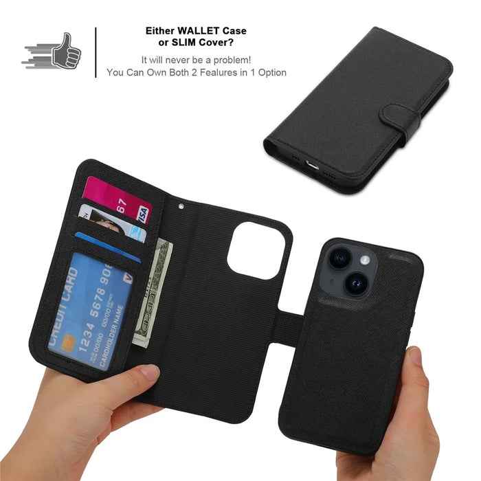 For iPhone 14 Cross Texture Wallet Stand Leather Protective Cover Detachable TPU Back Case - Black - 4
