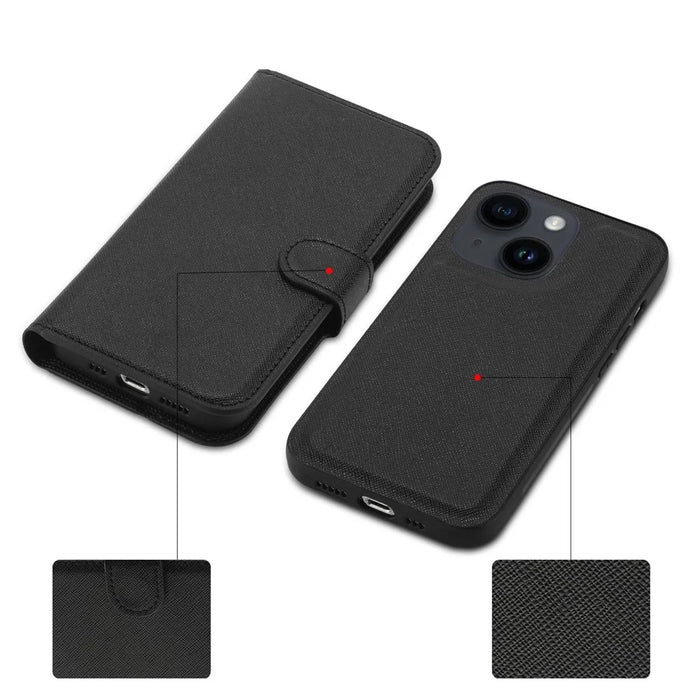 For iPhone 14 Plus Detachable TPU Back Case Cross Texture Wallet Stand PU Leather Shockproof Cover - Black - 5