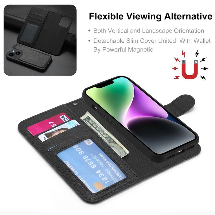 For iPhone 14 Plus Detachable TPU Back Case Cross Texture Wallet Stand PU Leather Shockproof Cover - Black - 6