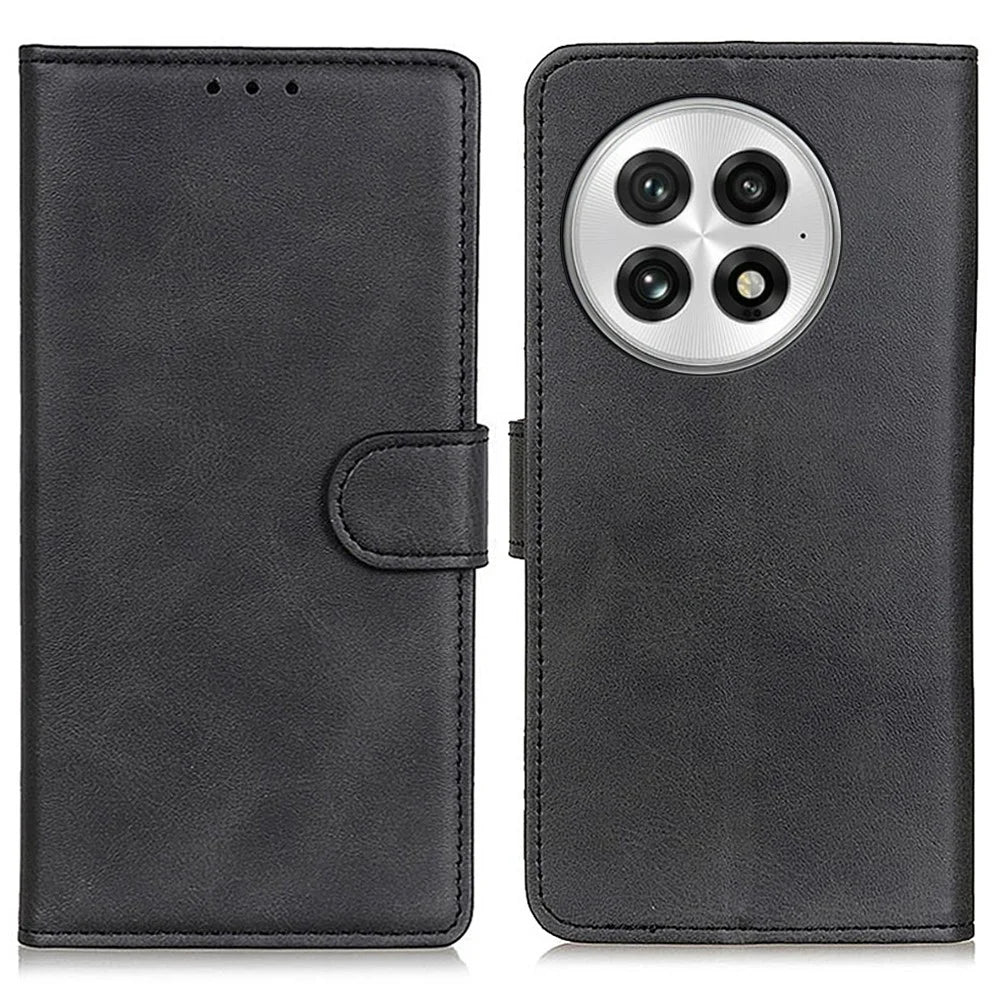 For OnePlus 13 Stand Wallet Case Cowhide Texture Leather Phone Cover - Black - 1