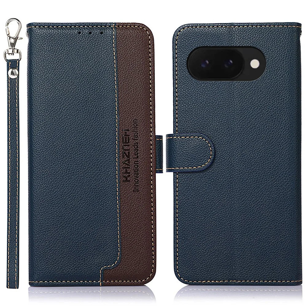 KHAZNEH For Google Pixel 9a Case RFID Blocking Wallet Litchi Texture PU Leather Phone Cover - Blue - 1