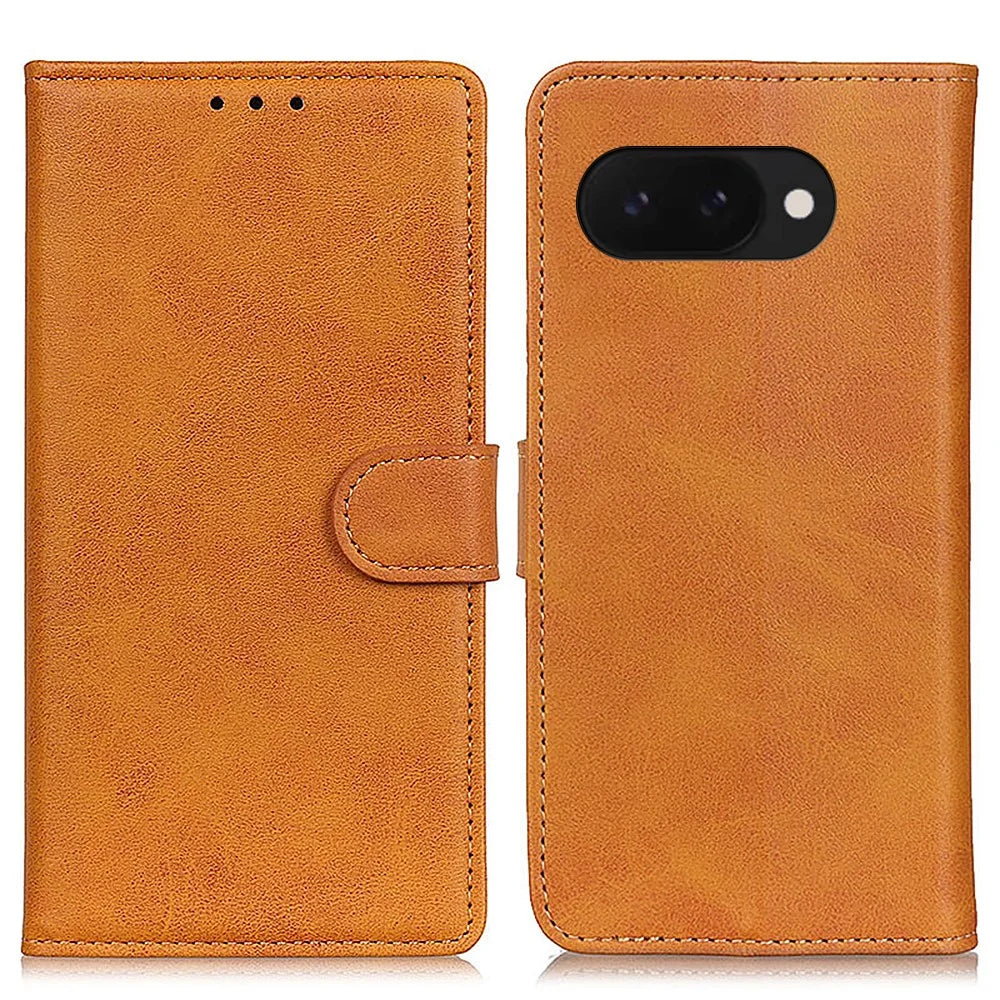 For Google Pixel 9a Stand Wallet Case Cowhide Texture Leather Phone Cover - Brown - 1