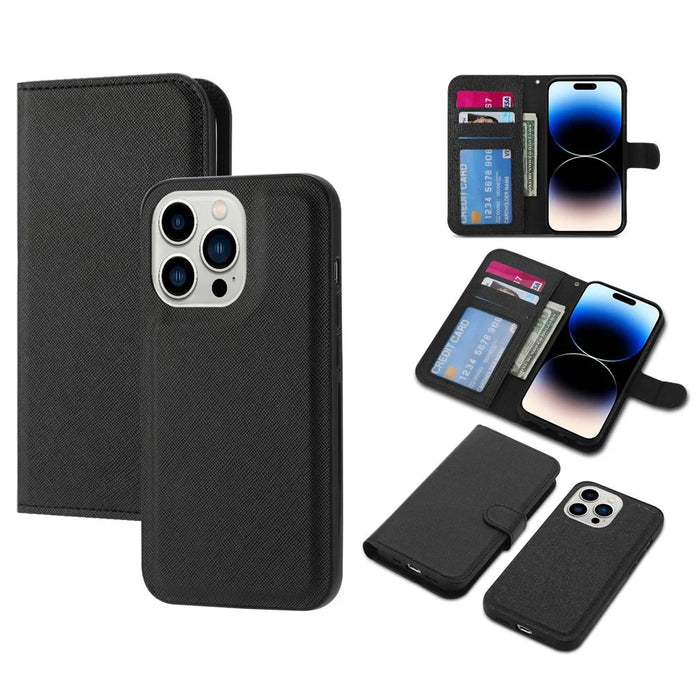 For iPhone 14 Pro Max Cross Texture Flodable Stand Leather Wallet Cover Detachable TPU Protective Case - Black - 1