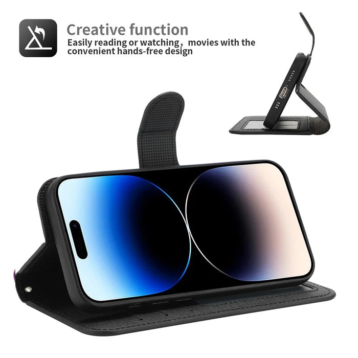 For iPhone 14 Pro Max Cross Texture Flodable Stand Leather Wallet Cover Detachable TPU Protective Case - Black - 2