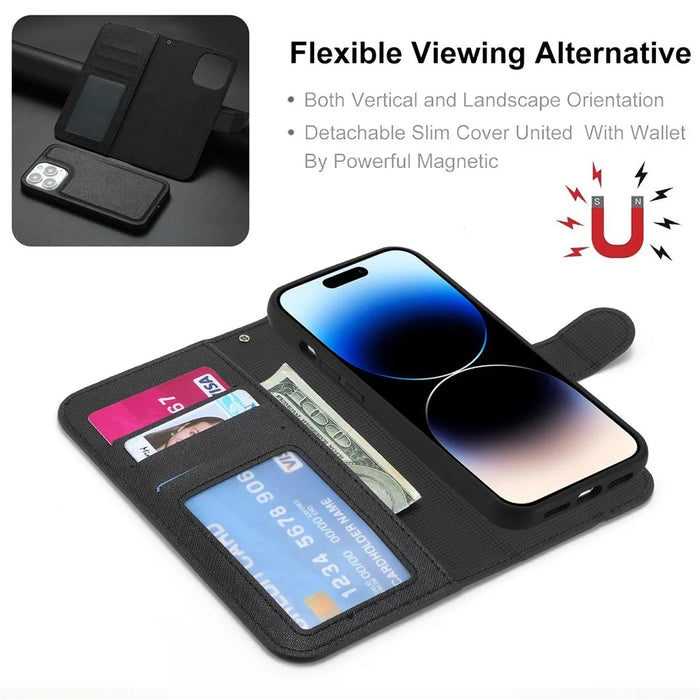 For iPhone 14 Pro Max Cross Texture Flodable Stand Leather Wallet Cover Detachable TPU Protective Case - Black - 3