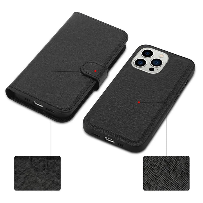 For iPhone 14 Pro Max Cross Texture Flodable Stand Leather Wallet Cover Detachable TPU Protective Case - Black - 4