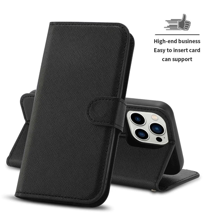 For iPhone 14 Pro Max Cross Texture Flodable Stand Leather Wallet Cover Detachable TPU Protective Case - Black - 7