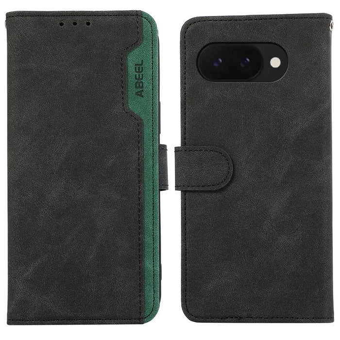 ABEEL For Google Pixel 9a Case Color Splicing Leather Flip Phone Cover RFID Blocking - Black - 1