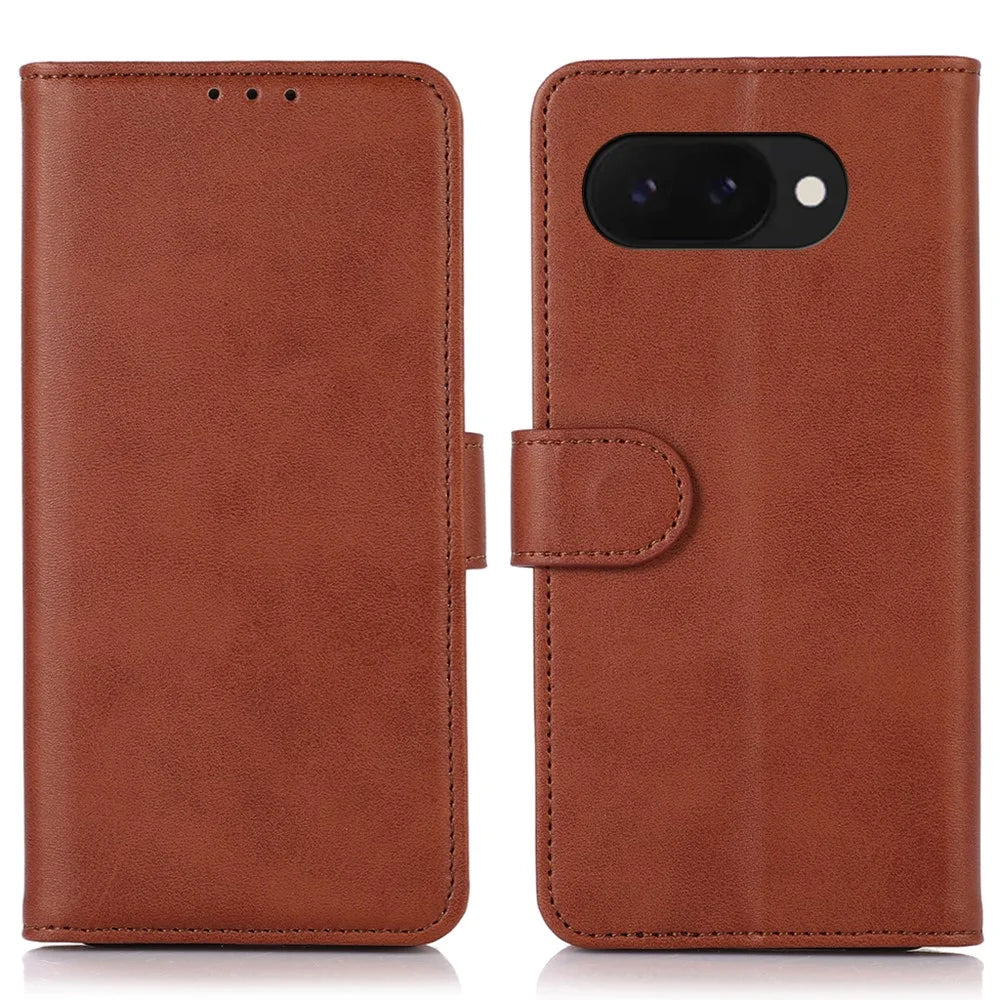 For Google Pixel 9a Case Cowhide Texture Leather Wallet Phone Cover with Stand - Brown - 1