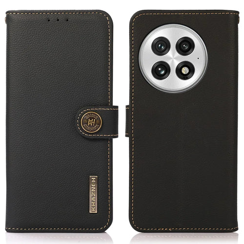 KHAZNEH For OnePlus 13 Case Genuine Cow Leather RFID Blocking Wallet Phone Cover - Black - 1