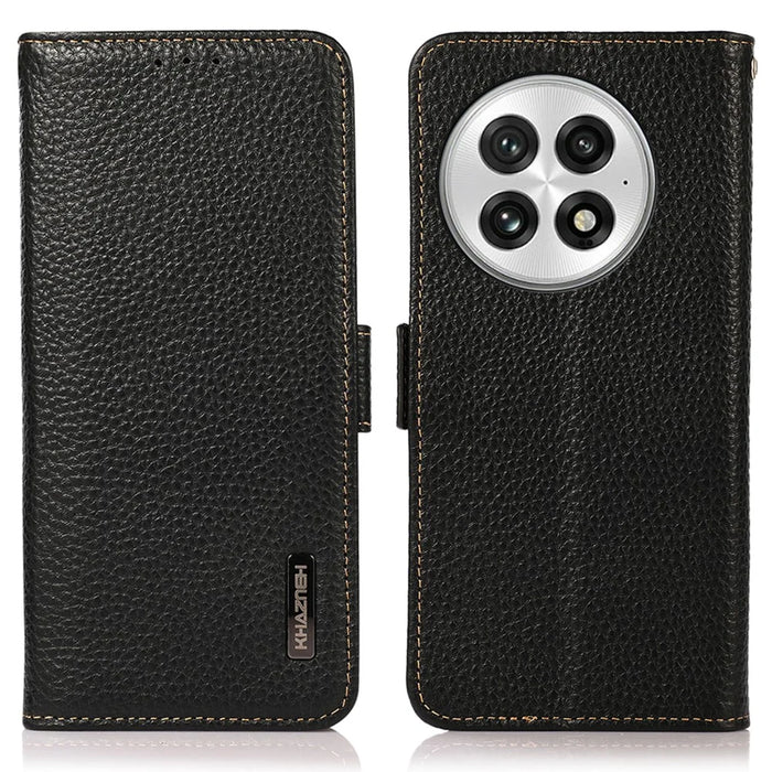 KHAZNEH For OnePlus 13 Phone Case Genuine Cow Leather Cover RFID Blocking - Black - 1
