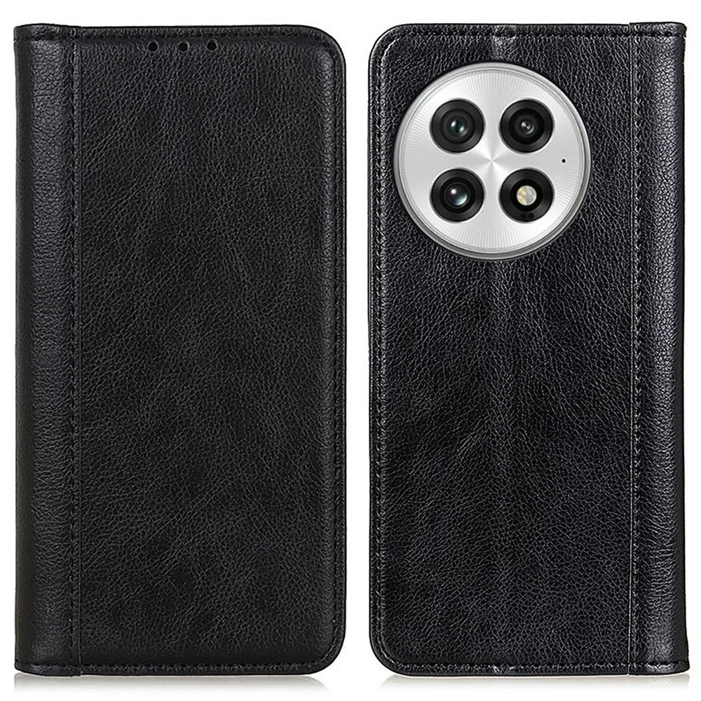 For OnePlus 13 Stand Case Split Leather Litchi Texture Wallet Phone Cover - Black - 1