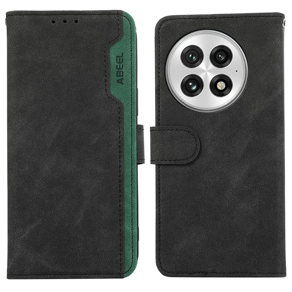 ABEEL For OnePlus 13 Case Color Splicing Leather Flip Phone Cover RFID Blocking - Black - 1
